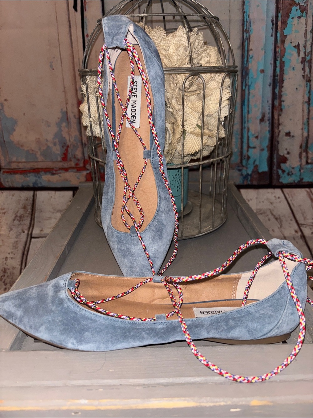 Steve Madden Women's Lt Blue Suede Pointed Toe Lace-Up ballet flats Sz 10